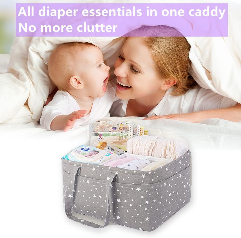Diaper caddy filled with diapers, swaddles and baby care items