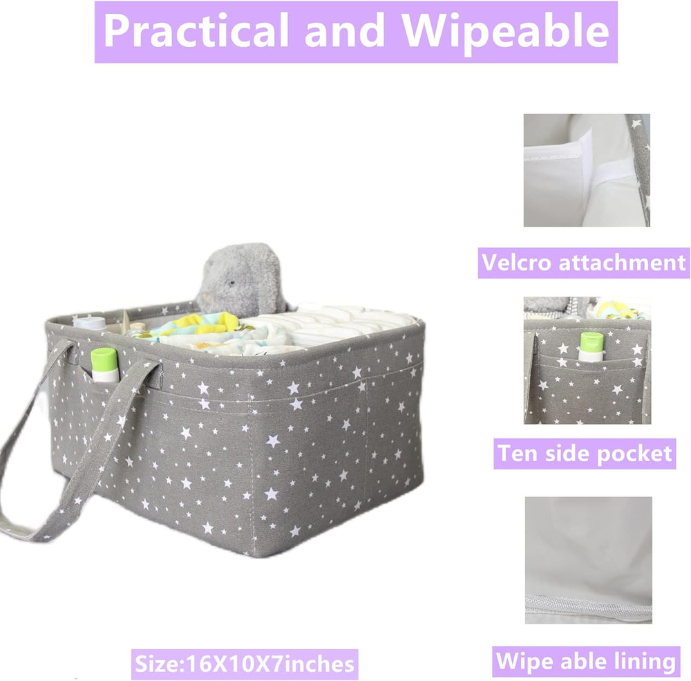 Baby next to a star-print diaper caddy